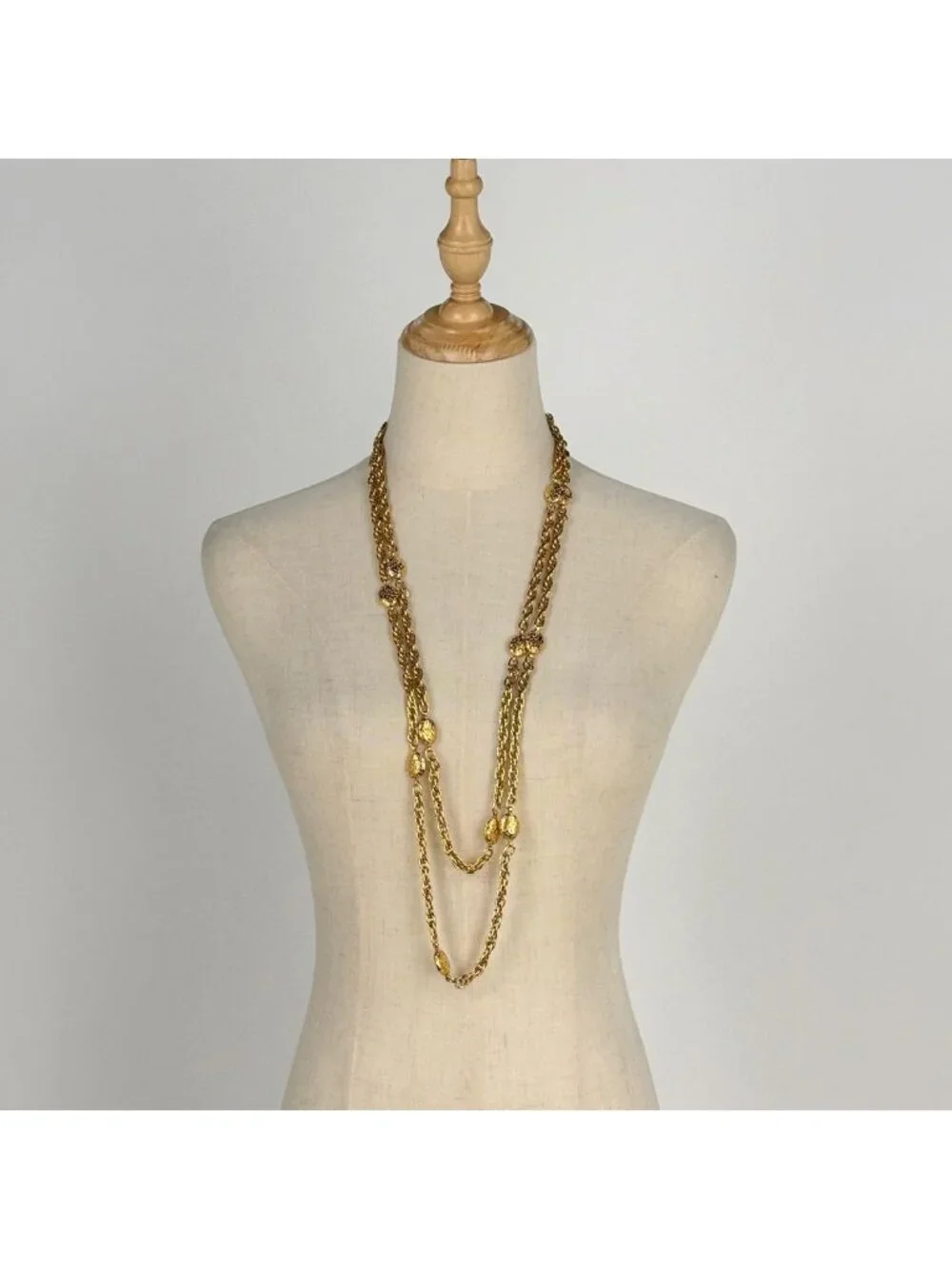 Chanel Necklace Long Double Strand Triple Gold Plated